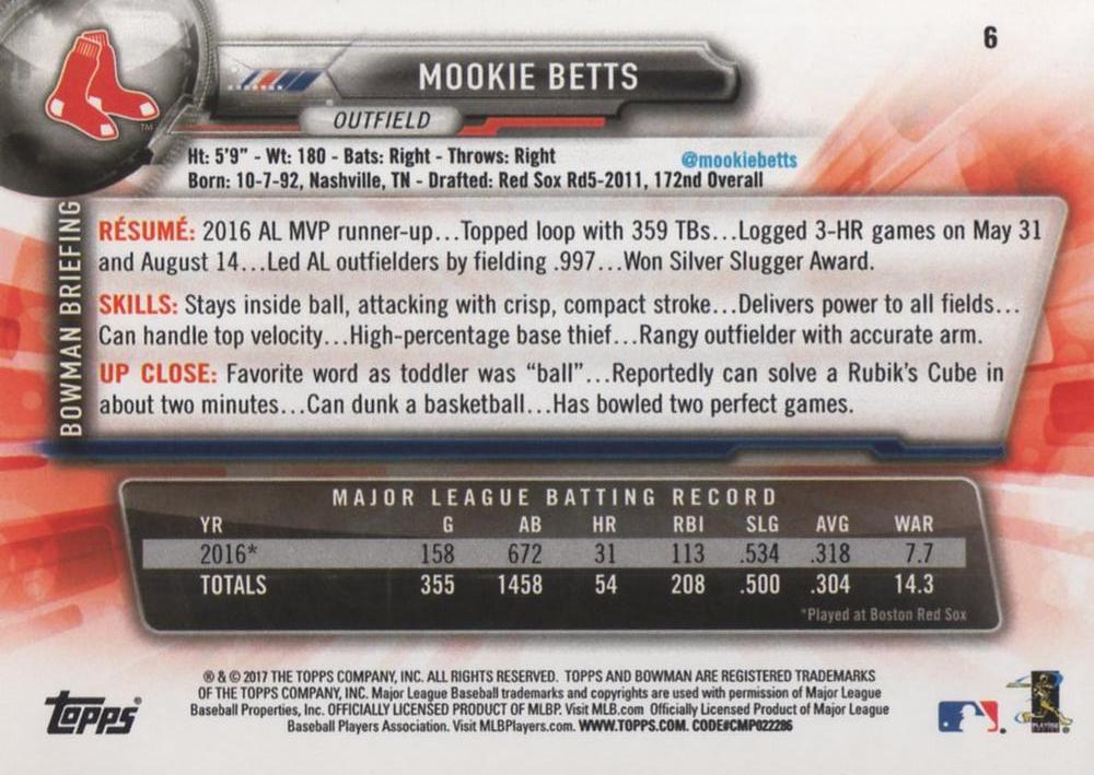 2017 Bowman Mookie Betts  # 6 Boston Red Sox