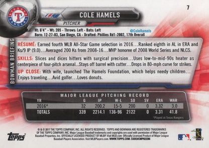 2017 Bowman Cole Hamels  # 7 Texas Rangers