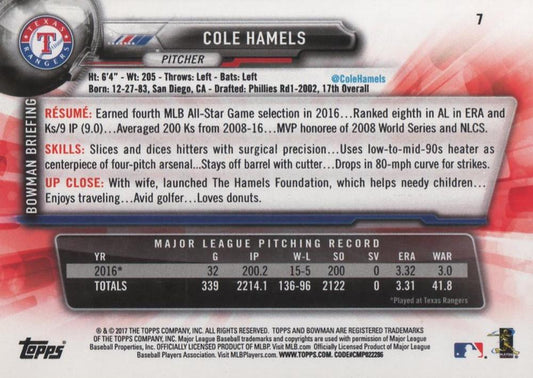 2017 Bowman Cole Hamels  # 7 Texas Rangers