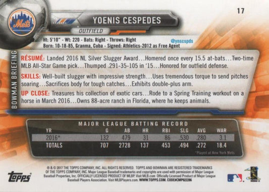 2017 Bowman Yoenis Cespedes  # 17 New York Mets