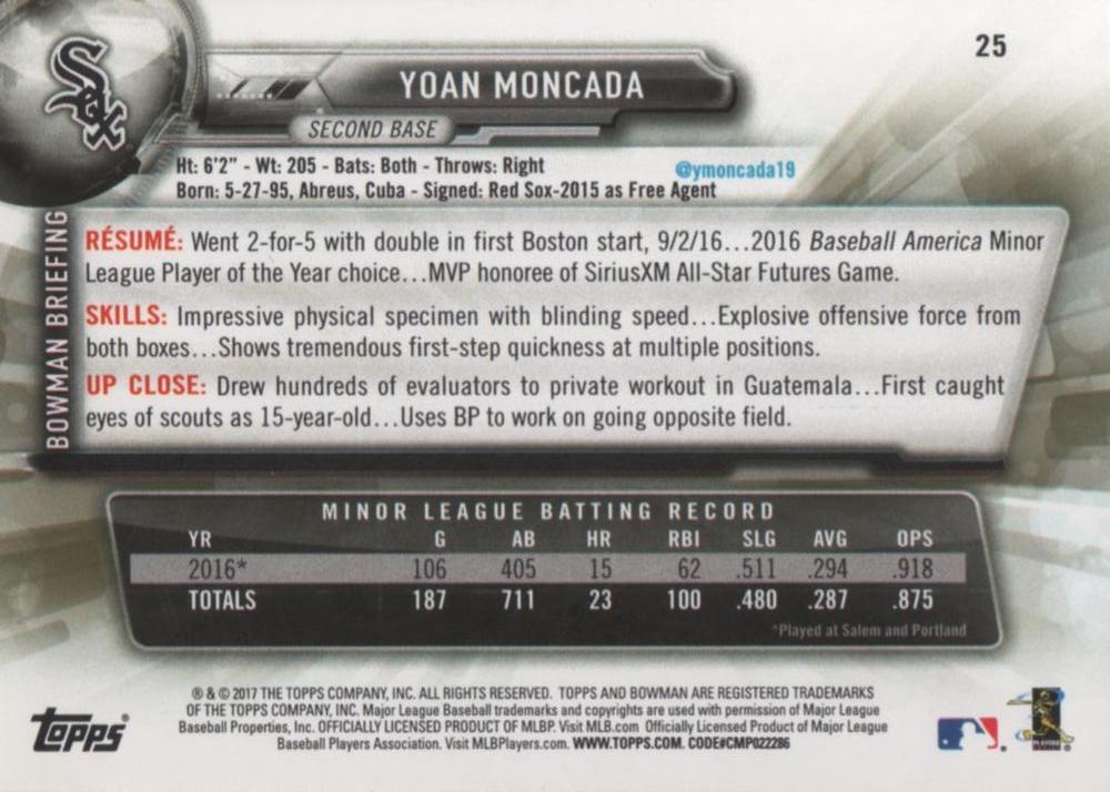 2017 Bowman Yoan Moncada RC # 25 Chicago White Sox