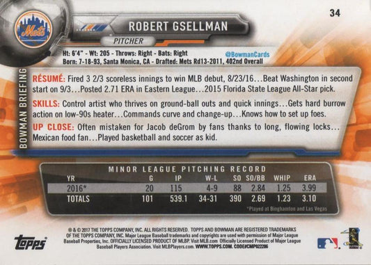 2017 Bowman Robert GsellmanÂ  RC # 34 New York Mets