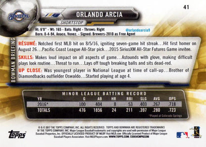 2017 Bowman Orlando ArciaÂ  RC # 41 Milwaukee Brewers