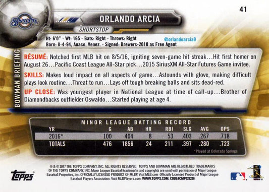2017 Bowman Orlando ArciaÂ  RC # 41 Milwaukee Brewers