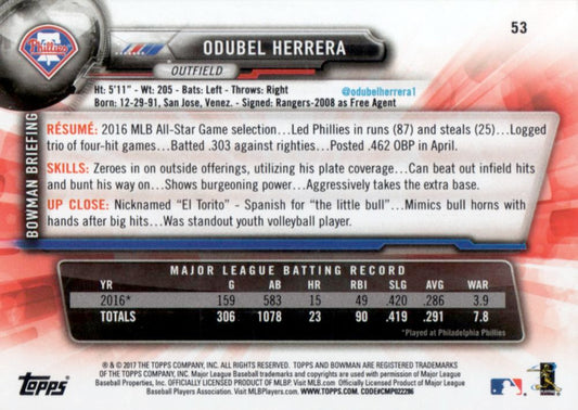 2017 Bowman Odubel Herrera  # 53 Philadelphia Phillies