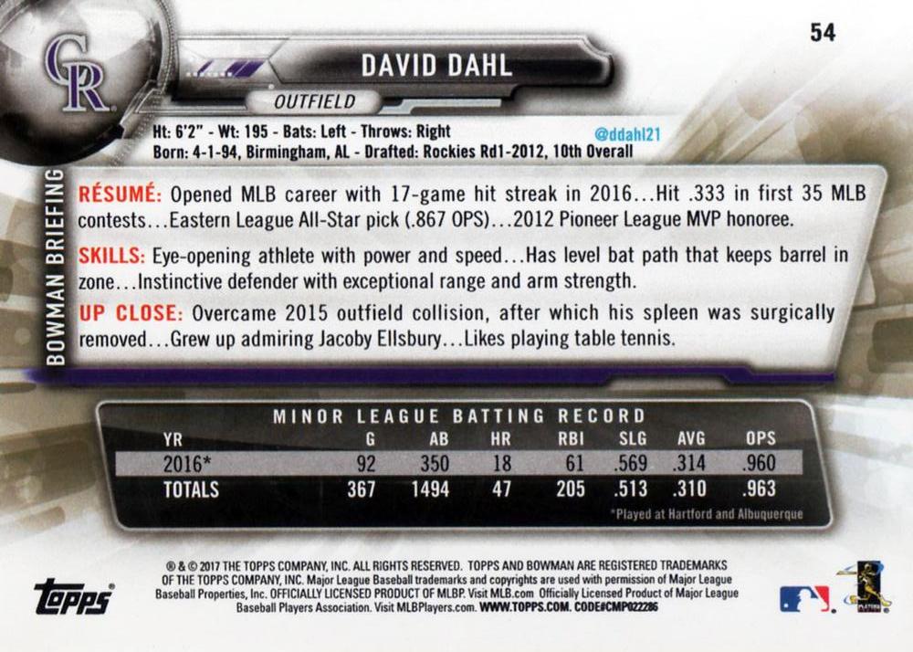 2017 Bowman David DahlÂ  RC # 54 Colorado Rockies