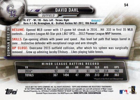 2017 Bowman David DahlÂ  RC # 54 Colorado Rockies
