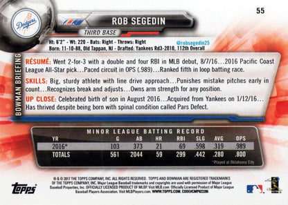 2017 Bowman Rob Segedin RC # 55 Los Angeles Dodgers