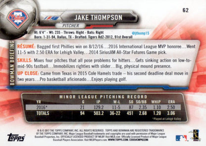 2017 Bowman Jake ThompsonÂ  RC # 62 Philadelphia Phillies