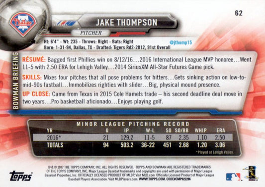 2017 Bowman Jake ThompsonÂ  RC # 62 Philadelphia Phillies