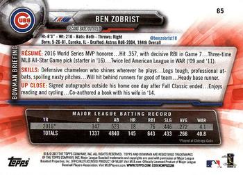 2017 Bowman Ben Zobrist  # 65 Chicago Cubs
