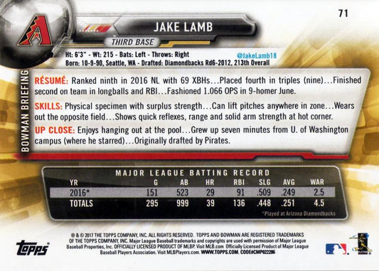2017 Bowman Jake Lamb  # 71 Arizona Diamondbacks