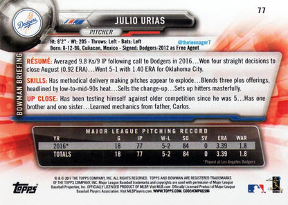 2017 Bowman Julio Urias  # 77 Los Angeles Dodgers