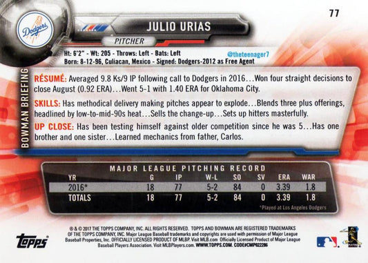 2017 Bowman Julio Urias  # 77 Los Angeles Dodgers