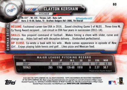2017 Bowman Clayton Kershaw  # 80 Los Angeles Dodgers