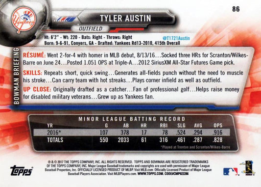 2017 Bowman Tyler AustinÂ  RC # 86 New York Yankees