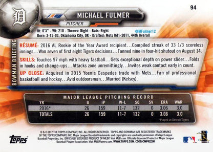 2017 Bowman Michael Fulmer  # 94 Detroit Tigers