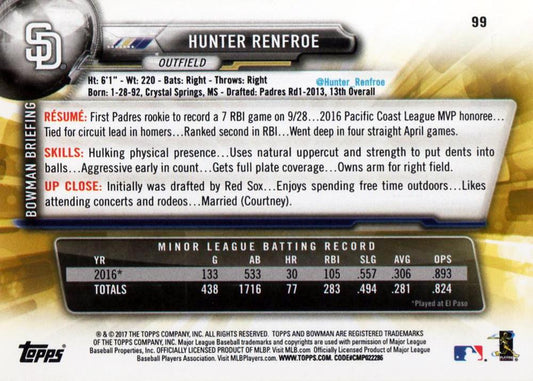 2017 Bowman Hunter RenfroeÂ  RC # 99 San Diego Padres