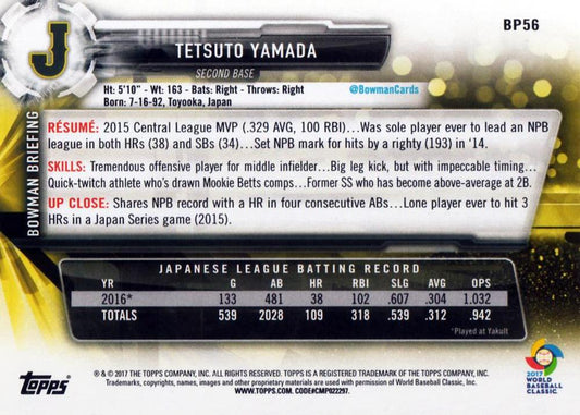 2017 Bowman Prospects Tetsuto Yamada  BP56 Japan