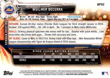 2017 Bowman Prospects Wuilmer Becerra  BP92 New York Mets