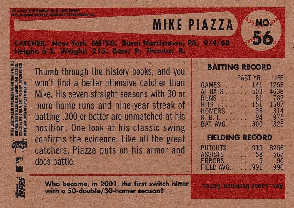 2002 Bowman Heritage Mike Piazza # 56 New York Mets