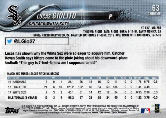 2018 Topp Chrome  Lucas Giolito #63 Chicago White Sox