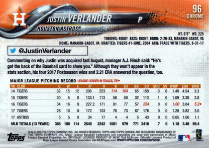 2018 Topp Chrome  J#UStin Verlander #96 Ho#USton Astros