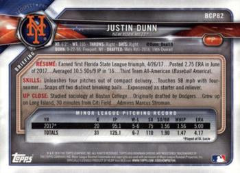 2018 Bowman Chrome Prospects Justin Dunn BCP82 New York Mets