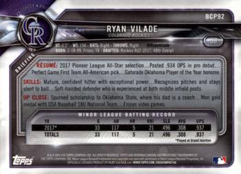 2018 Bowman Chrome Prospects Ryan Vilade BCP92 Colorado Rockies