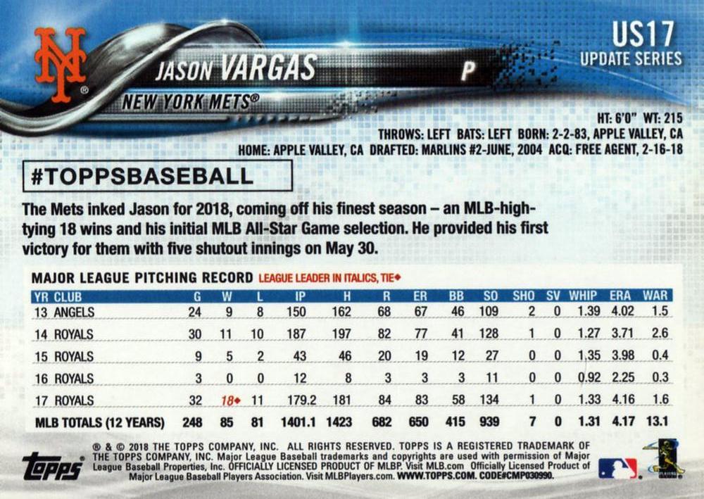 2018 Topps Update Jason Vargas  #US17 New York Mets