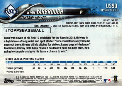 2018 Topps Update Ryan Yarbrough RC #US90 Tampa Bay Rays