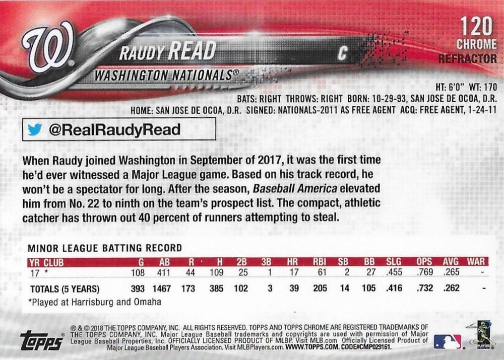 2018 Topp Chrome Pink Refractor Raudy Read RC #120 Washington Nationals