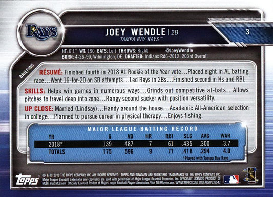 2019 Bowman Joey Wendle #3 Tampa Bay Rays