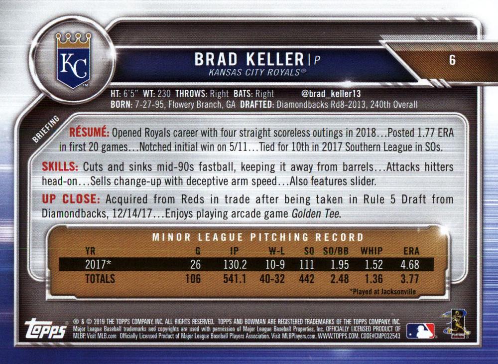2019 Bowman Brad Keller RC #6 Kansas City Royals