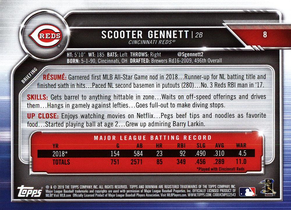 2019 Bowman Scooter Gennett #8 Cincinnati Reds