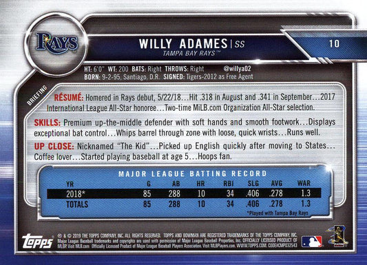 2019 Bowman Willy Adames #10 Tampa Bay Rays
