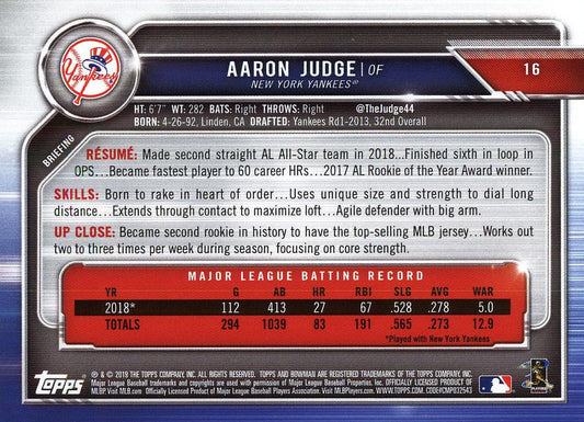 2019 Bowman Aaron Judge #16 New York Yankees