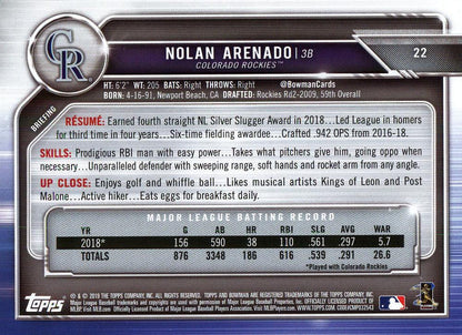 2019 Bowman Nolan Arenado #22 Colorado Rockies