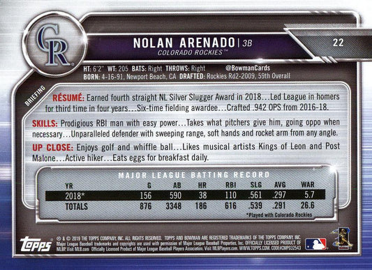 2019 Bowman Nolan Arenado #22 Colorado Rockies