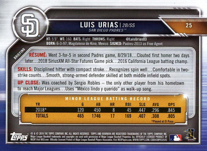 2019 Bowman Luis Urias RC #25 San Diego Padres