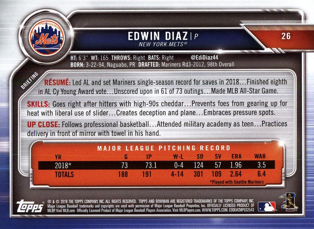 2019 Bowman Edwin Diaz #26 New York Mets