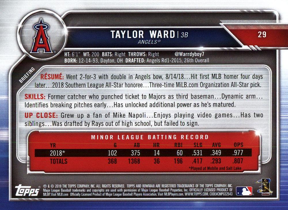 2019 Bowman Taylor Ward RC #29 Angels