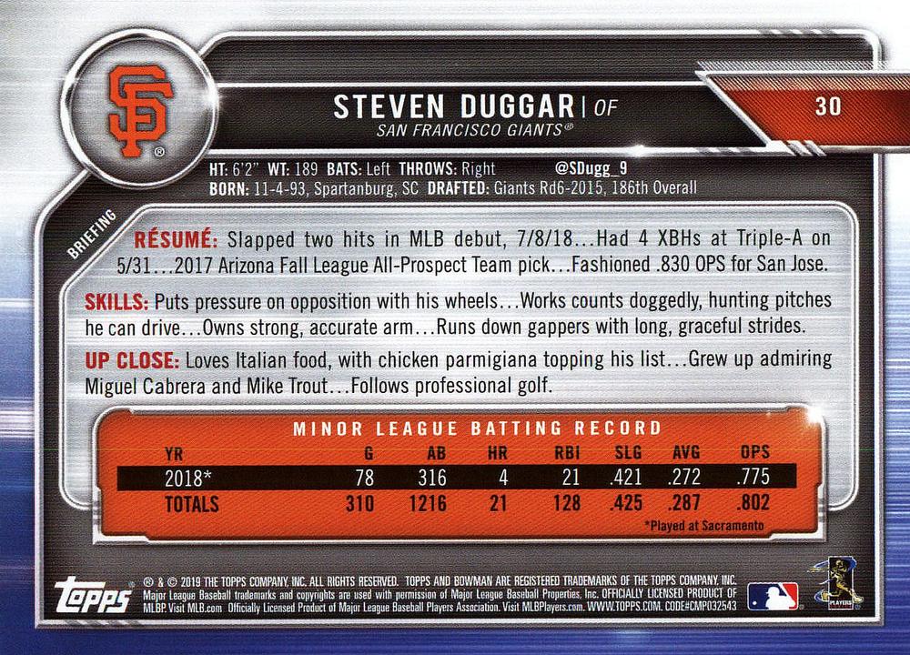 2019 Bowman Steven Duggar RC #30 San Francisco Giants