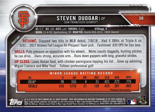 2019 Bowman Steven Duggar RC #30 San Francisco Giants