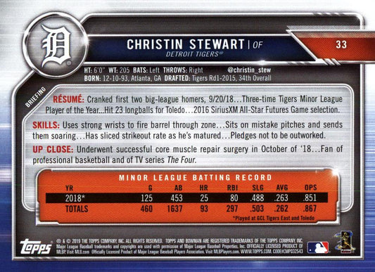 2019 Bowman Christin Stewart RC #33 Detroit Tigers