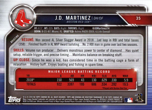 2019 Bowman J.D. Martinez #35 Boston Red Sox