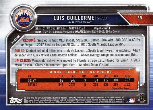 2019 Bowman Luis Guillorme RC #39 New York Mets