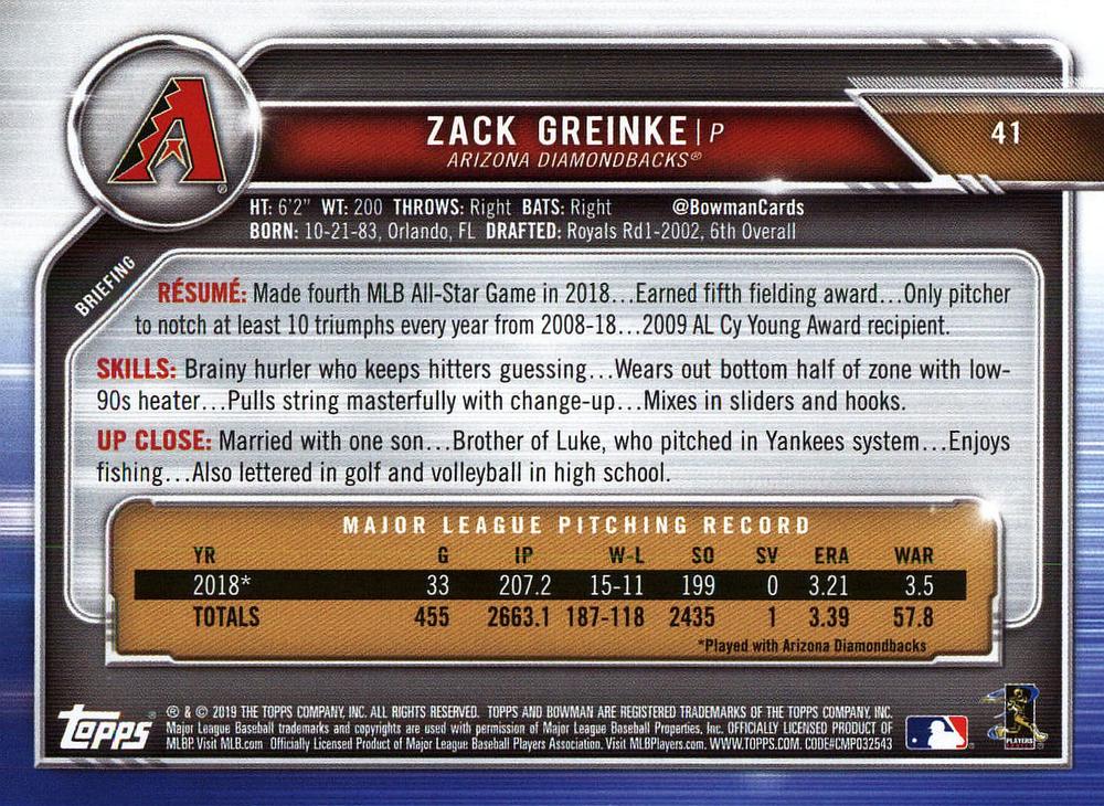 2019 Bowman Zack Greinke #41 Arizona Diamondbacks