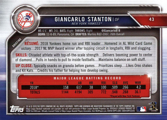 2019 Bowman Giancarlo Stanton #43 New York Yankees