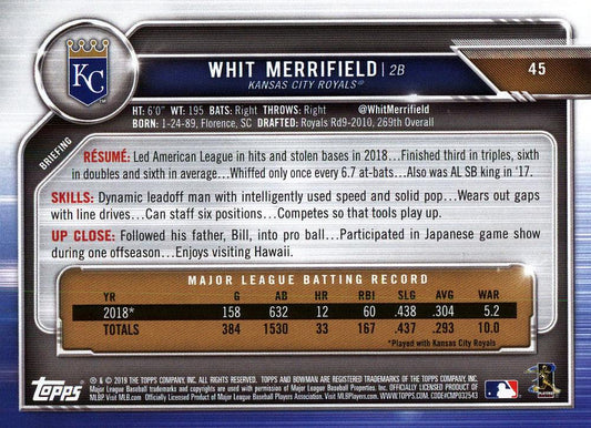 2019 Bowman Whit Merrifield #45 Kansas City Royals
